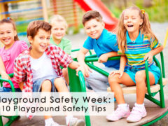 Children playing on a playground with playground safety week title overlay