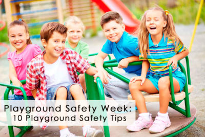 Children playing on a playground with playground safety week title overlay